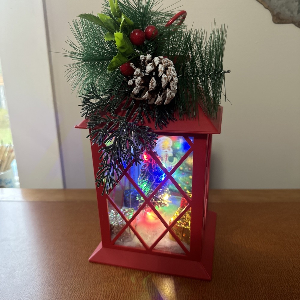 10" Red Vtg Inspired Battery-Powered Lantern Holiday Hanging Decor Santa Lights